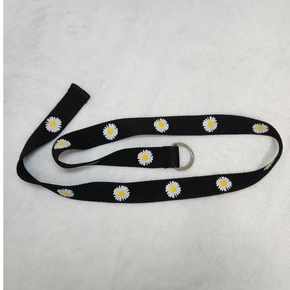 Black Canvas Web Belt with Daisy Floral Graphic Unisex 44 Inch D-Ring Y2k 90s